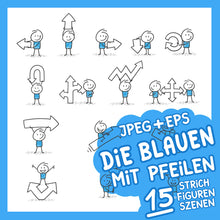 Laden Sie das Bild in den Galerie-Viewer, 15 Strichfiguren-Szenen. Die Blauen. Mit Pfeilen
